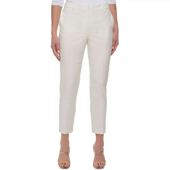 DKNY Women's Pants Formal Work  Ankle-Cropped Pants Pinstriped White Sand 14 - Picture 1 of 7
